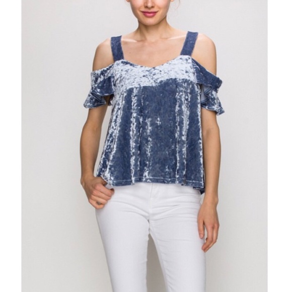 Crushed Velvet cold shoulder top soft denim - Picture 2 of 4